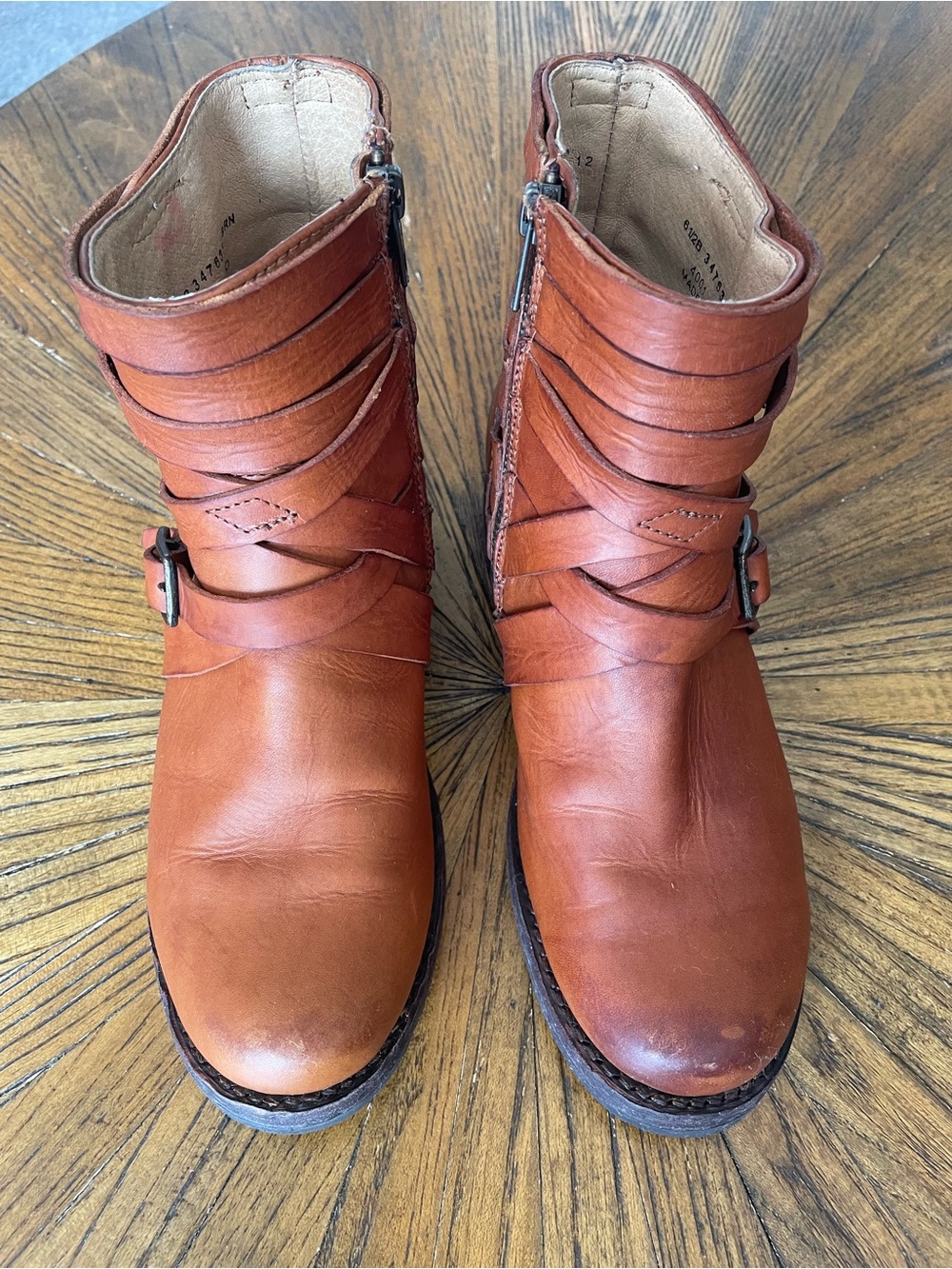Frye Cognac Brown Wrap-Strap Ankle Boots